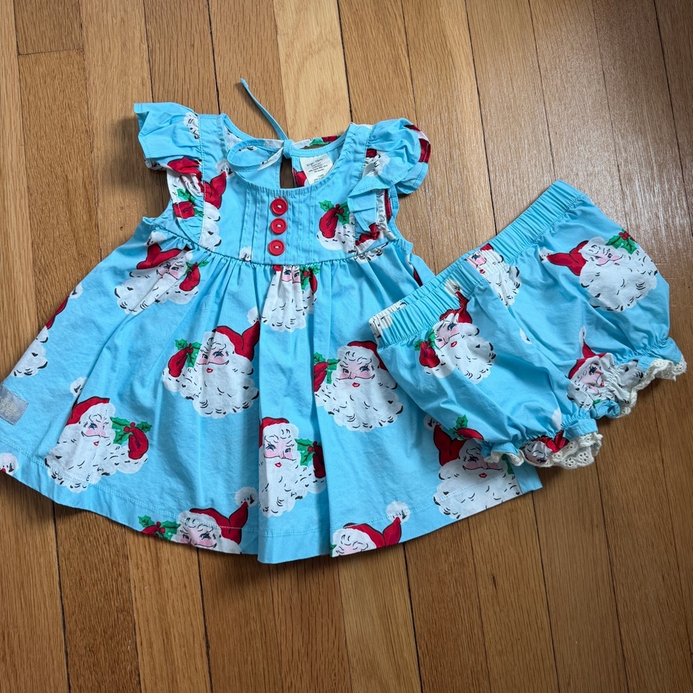 ELEANOR ROSE BLUE VINTAGE SANTA SET TOP AND BLOOMERS 18 MO